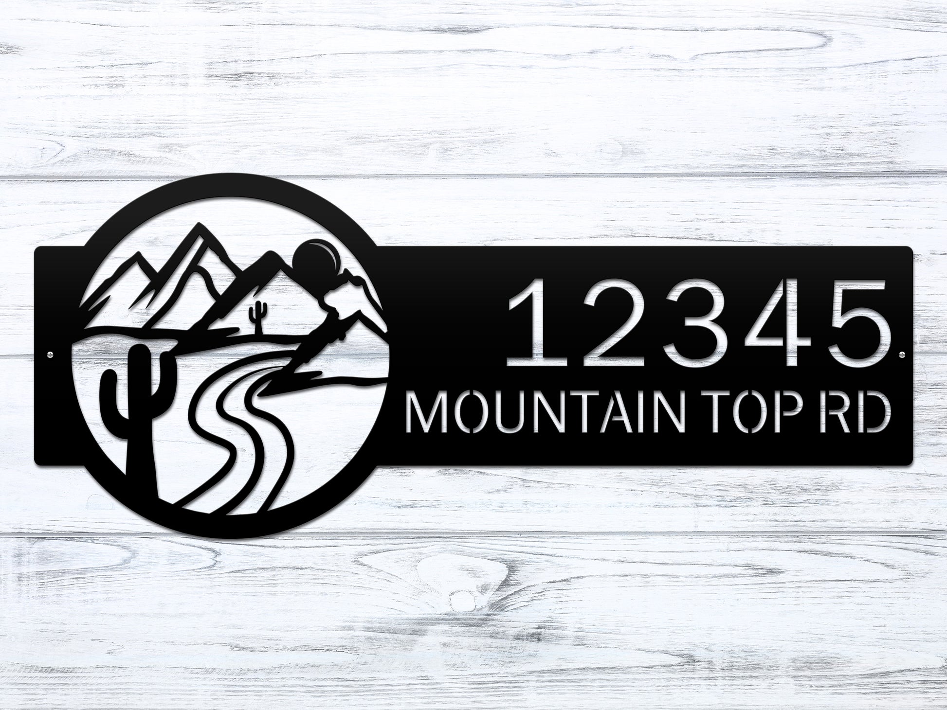 Desert Mountain Monogram Address Plaque featuring intricate mountain and river design, laser-cut from steel, showcasing custom numbers and text, ideal for enhancing home decor with personalized elegance.