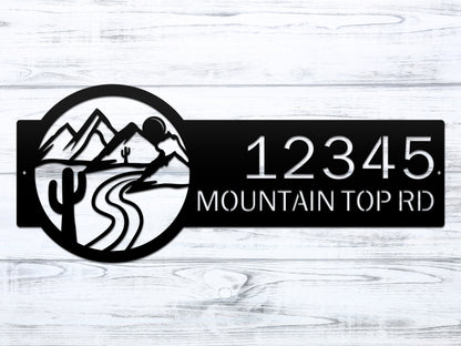 Desert Mountain Monogram Address Plaque featuring intricate mountain and river design, laser-cut from steel, showcasing custom numbers and text, ideal for enhancing home decor with personalized elegance.