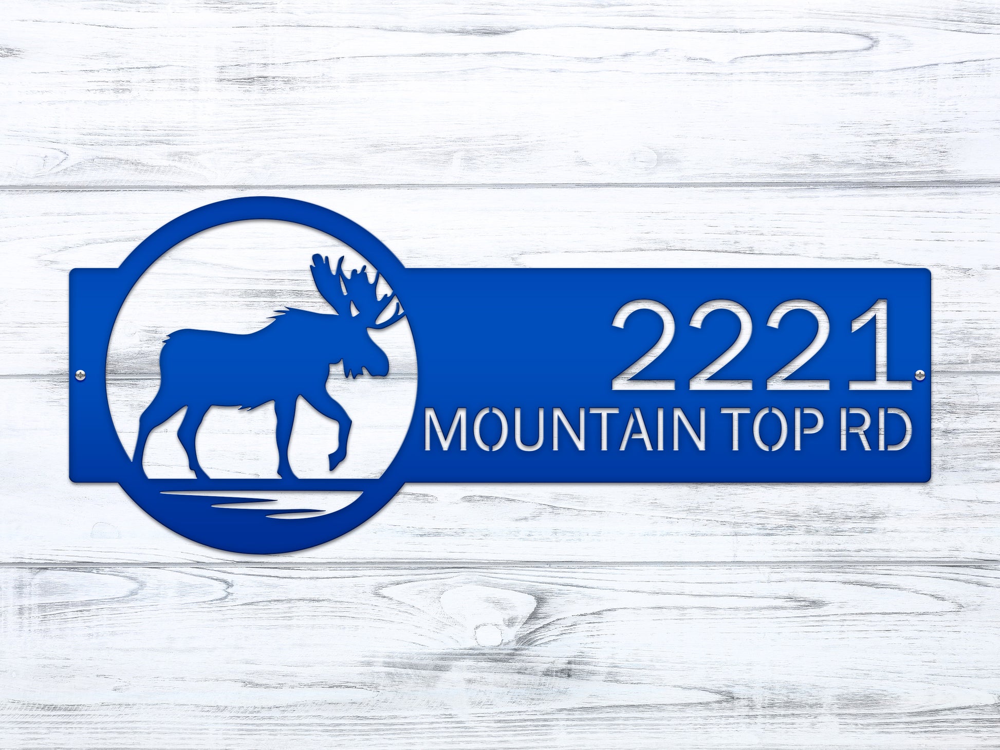 Moose Cabin Address Sign featuring a laser-cut moose silhouette and customizable monogram, perfect for enhancing home décor. Weather-resistant and crafted from durable steel for longevity.