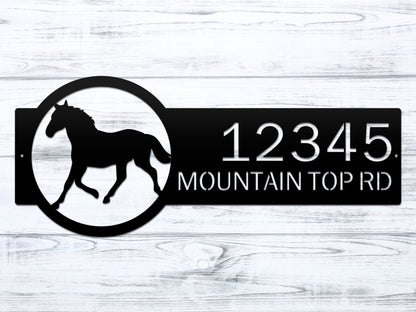 Horse Ranch Address Sign – Custom House Numbers & Street Name Sign features a laser-cut galloping horse within a circle on a black background, showcasing large, white customizable numbers for clear visibility.