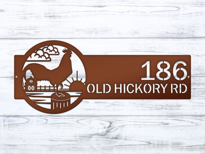 Rooster Farm Address Sign Plaque with custom house numbers and street name, featuring a rooster and barn design, ideal for rustic home décor and weather-resistant outdoor display.