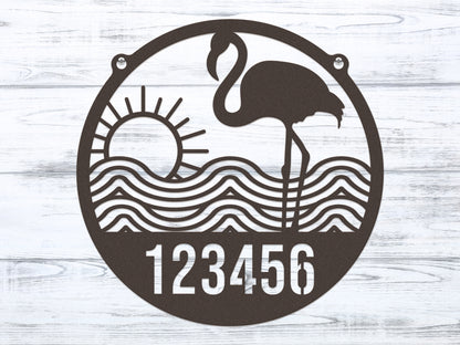 Flamingo Address Sign – Custom House Numbers Sign, featuring a flamingo, sun, and waves, expertly crafted from durable metal, ideal for weather-resistant outdoor décor and housewarming gifts.