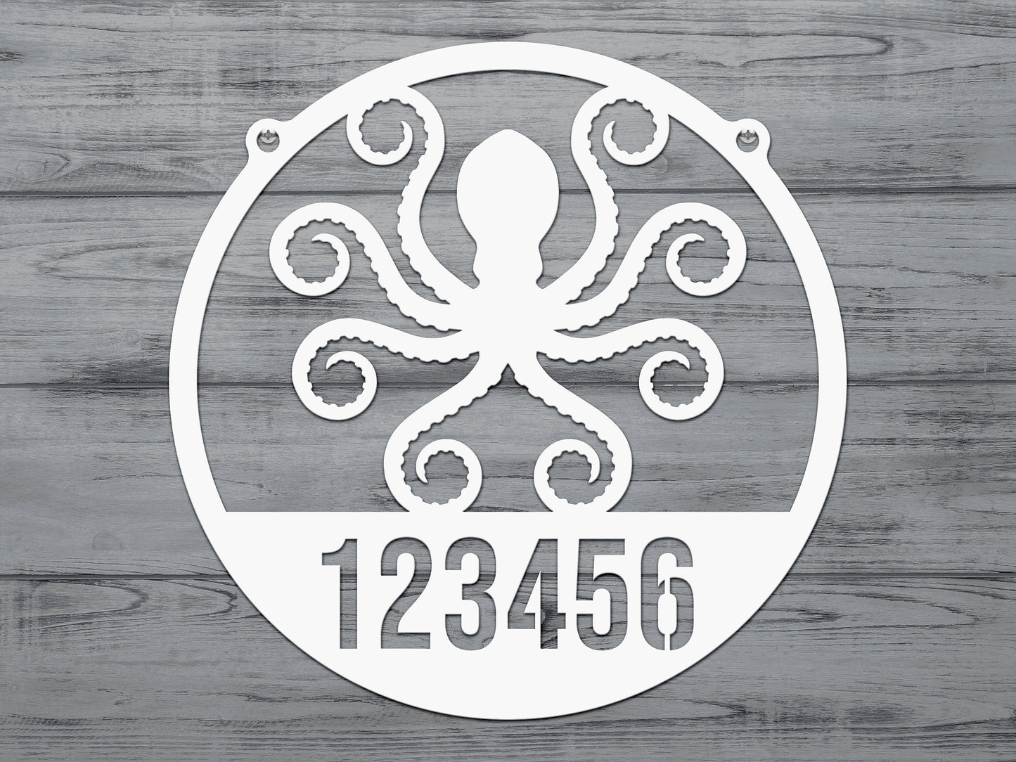 Octopus House Numbers Address Sign showcasing a white octopus motif on a wooden surface, accompanied by cutout numbers, perfect for enhancing beach-themed outdoor decor with customizable and durable features.