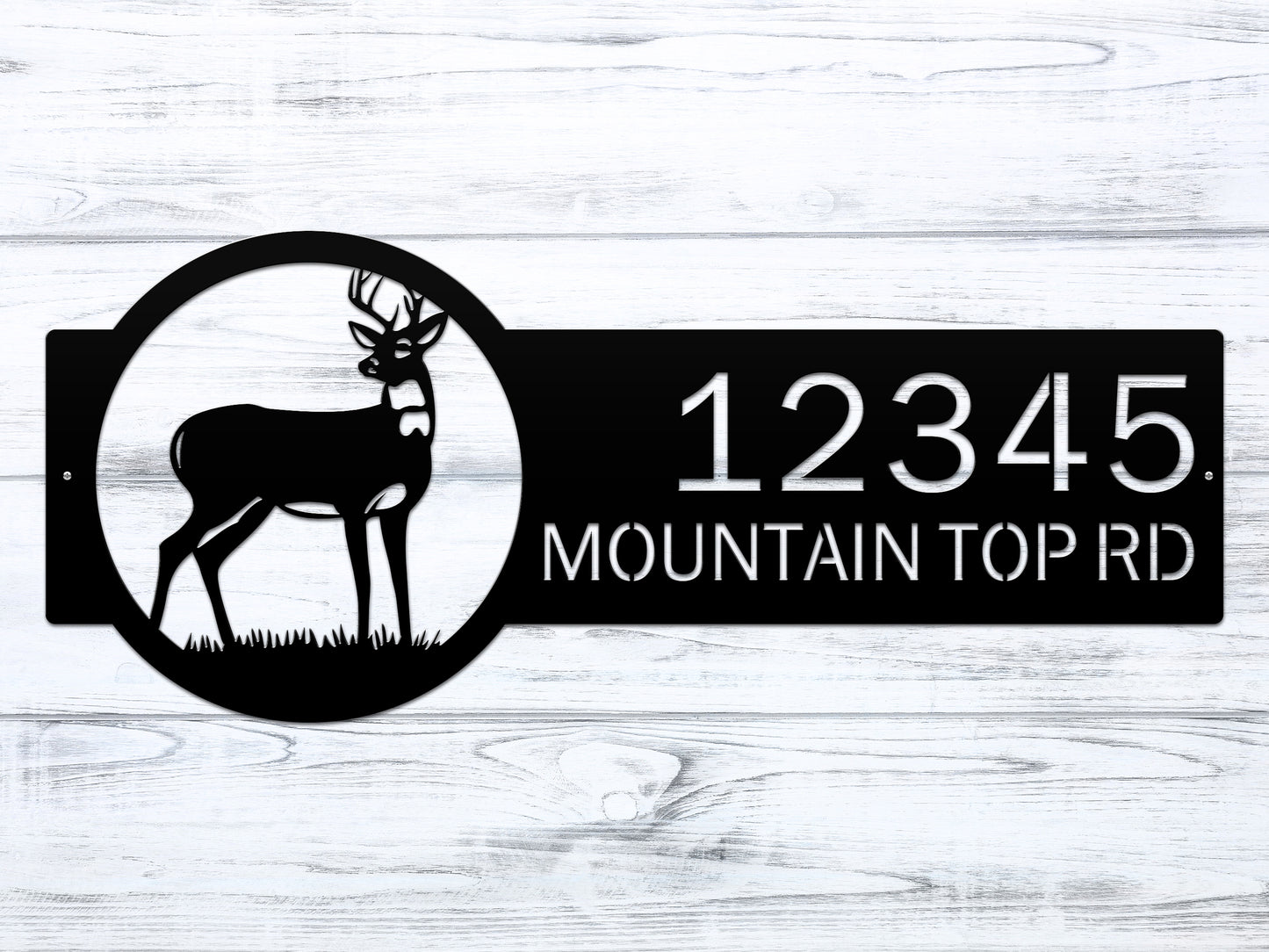 Customizable Deer Home Address Sign featuring a black silhouette of a deer and large house numbers, crafted from durable, weather-resistant steel, ideal for outdoor home decor and personalized gifts.