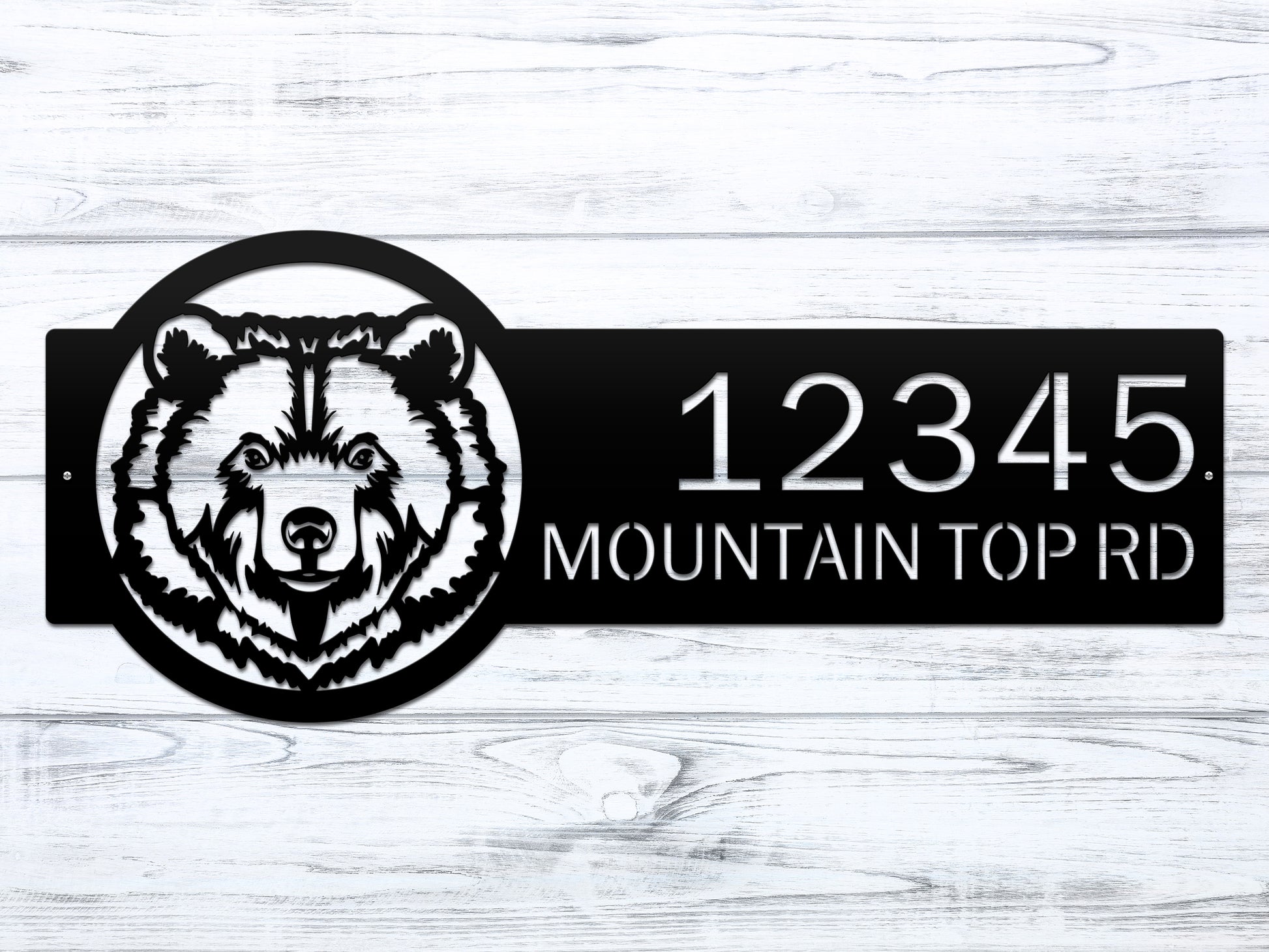 Bear Mountain Cabin Custom Address Sign featuring a laser-cut bear head and numbers, showcasing a weather-resistant, customizable design perfect for enhancing rustic home or cabin decor.