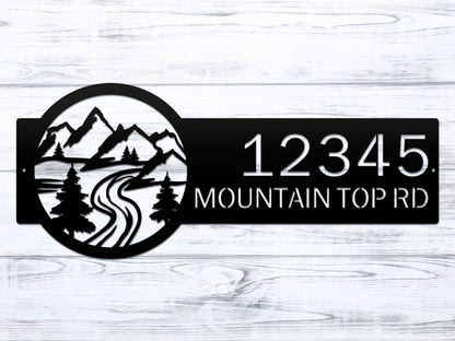 Desert Mountain Monogram Address Plaque showcasing laser-cut metal mountains and river design, personalized with house numbers. Ideal for enhancing home exterior, combining functionality and artistic craftsmanship.