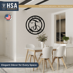 Dining room showcasing personalized monogram metal wall décor for 6th anniversary gifts, featuring HSA House Sensations Art branding, ideal for indoor home décor and custom family name signage.
