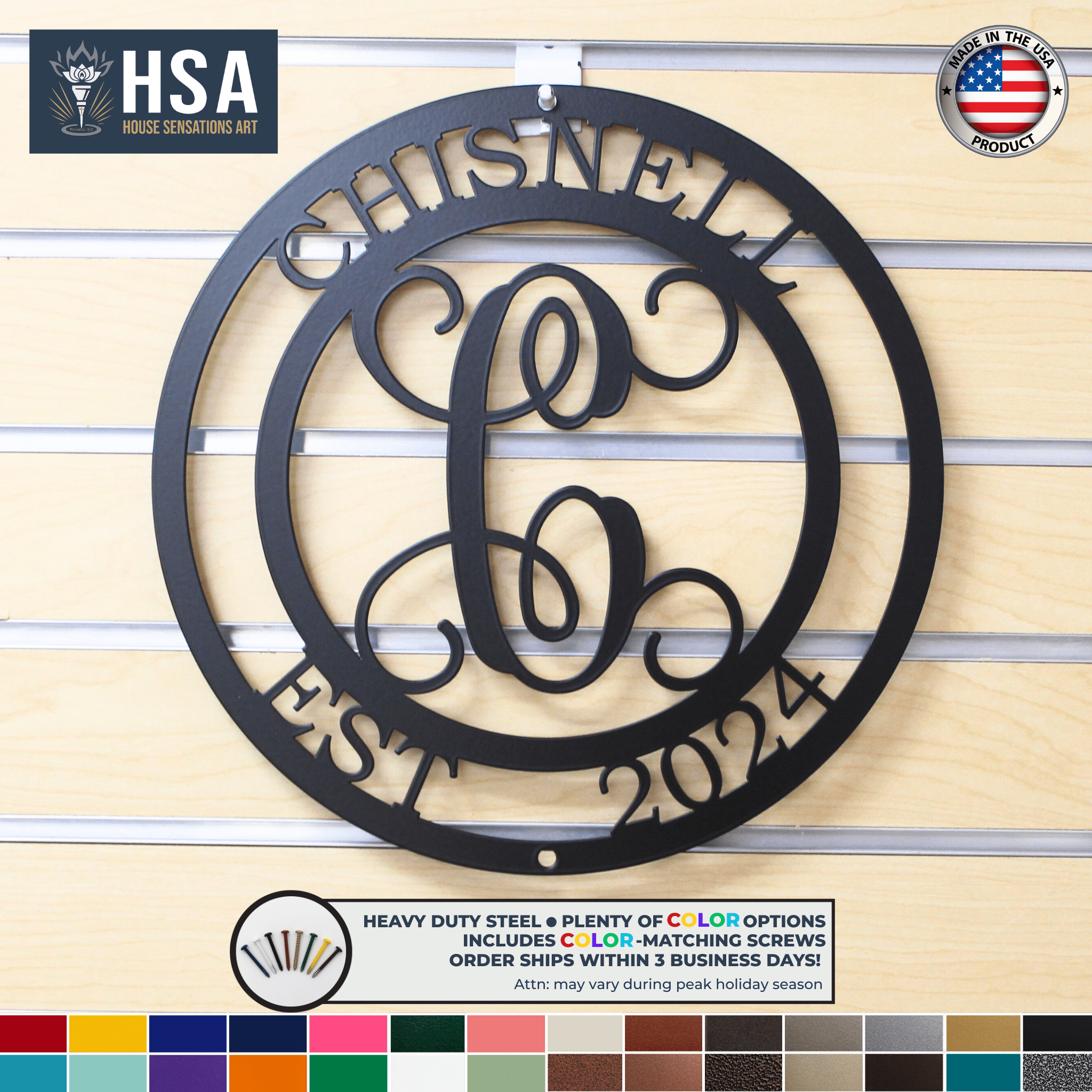 HSA-branded personalized monogram metal wall décor with family name “CHISNELL” and “EST. 2024” on a wooden background, ideal for 6th anniversary gifts, indoor or outdoor home décor, and custom family name signage.