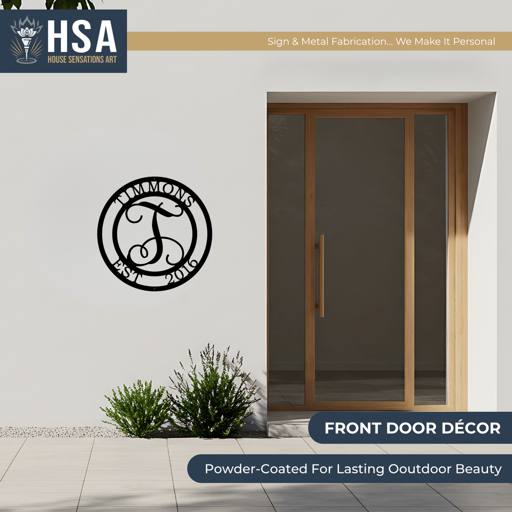 Personalized monogram metal wall décor for 6th anniversary gifts, displayed next to a door, featuring HSA House Sensations Art branding, ideal for indoor or outdoor home décor and custom family name signage.
