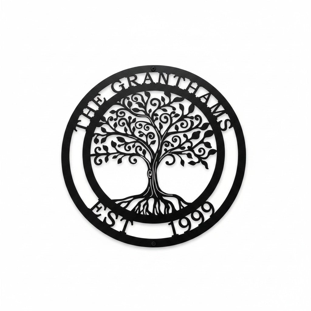 Corona decorativa de metal para pared del árbol de la vida – Nombre familiar personalizado para puerta principal