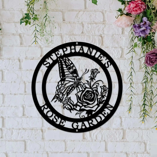 Butterfly & Rose Garden Sign - Custom Metal House Number Plaque featuring a butterfly and rose design, crafted for outdoor decor, blending elegance with personalization, perfect for gardens or as a thoughtful gift.