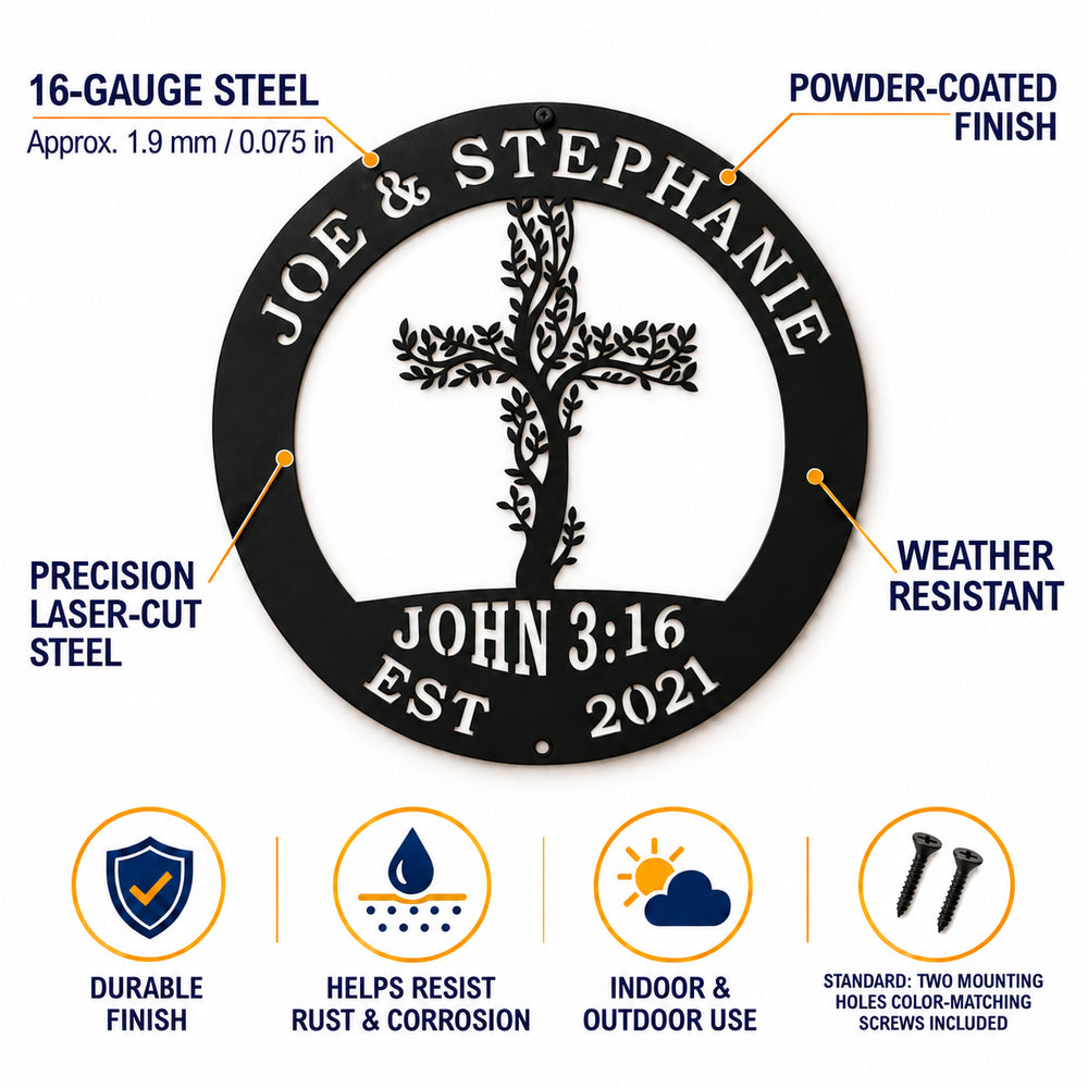 The image is a detailed description of a metal sign with various features and specifications, including the material, precision, weather resistance, and mounting options.