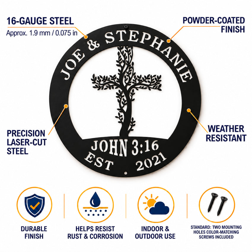 The image is a detailed description of a metal sign with various features and specifications, including the material, precision, weather resistance, and mounting options.