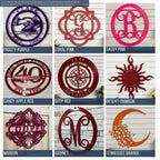 The custom metal sign has these available color options: Frosty Purple, Coral Pink, Sassy Pink, Candy Apple Red, Deep Red, Desert Crimson, Maroon, Garnet, and Tennessee Orange.