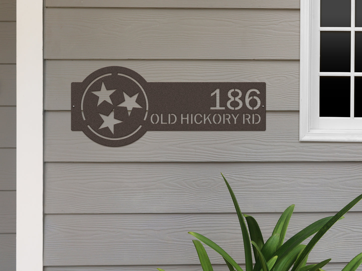 Tennessee Tristar Address Sign Plaque featuring custom house numbers and street name; precision laser-cut on heavy-duty steel, ideal for weather-resistant outdoor home décor.