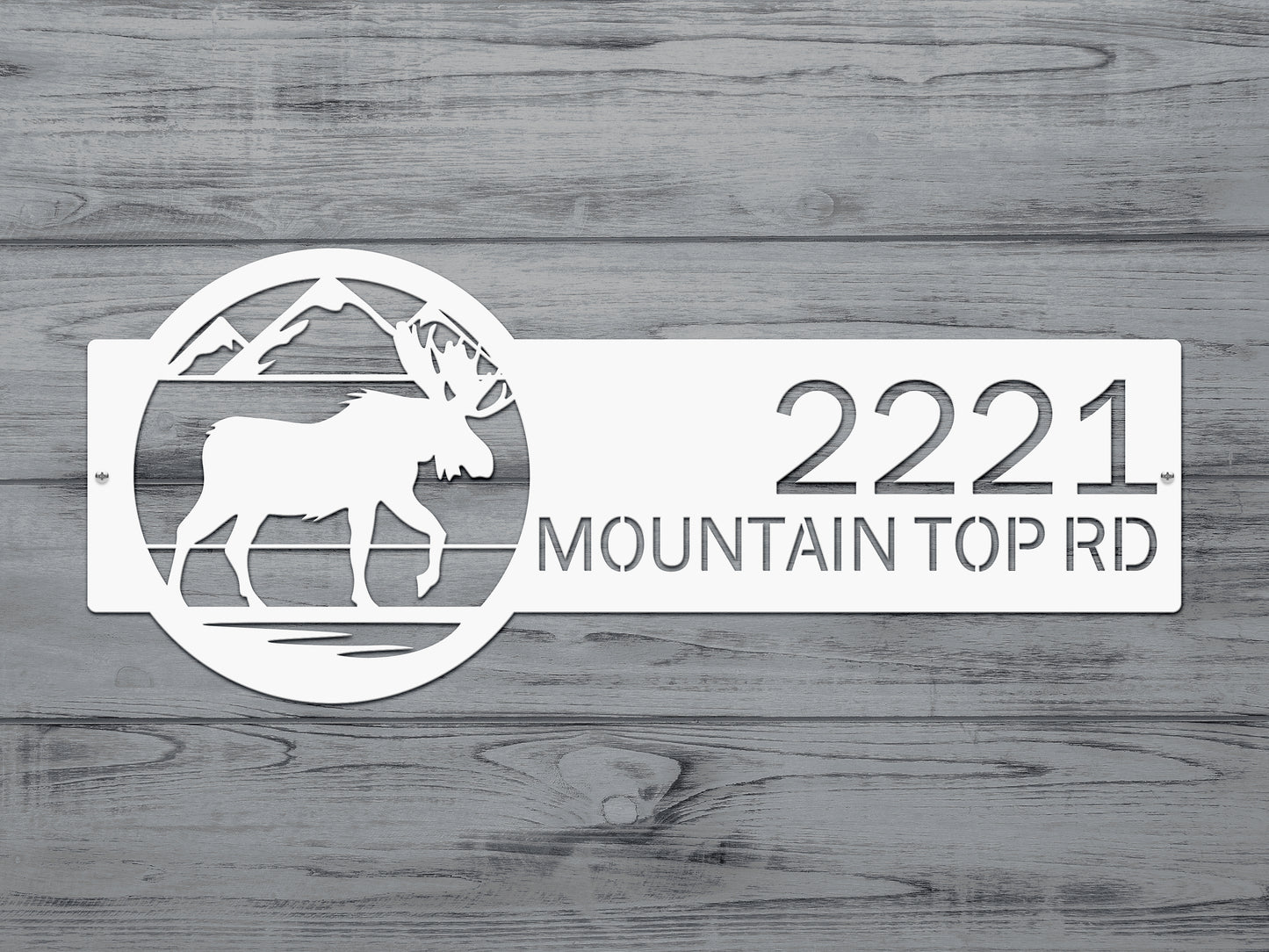 Mountain Moose Address Sign Plaque with custom house numbers and street name, featuring a white moose silhouette with mountains, enhancing rustic charm; ideal for outdoor home décor.