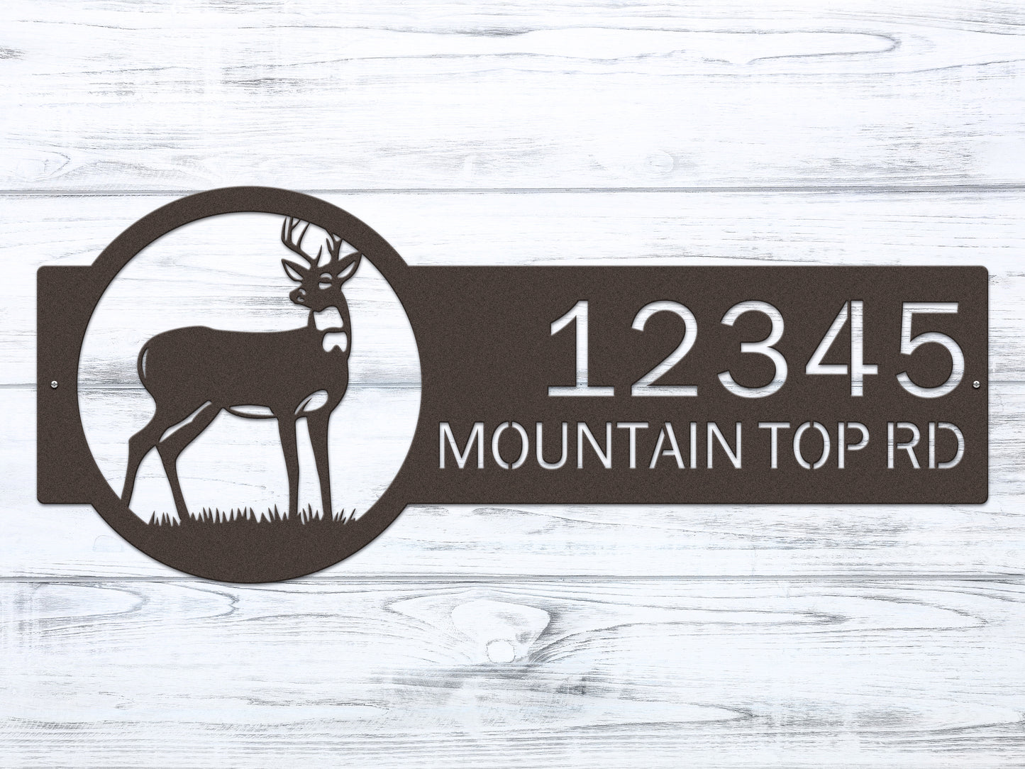 Customizable Deer Home Address Sign featuring a metal deer silhouette and house numbers, crafted in high-quality steel, ideal for outdoor decor and nature enthusiasts.