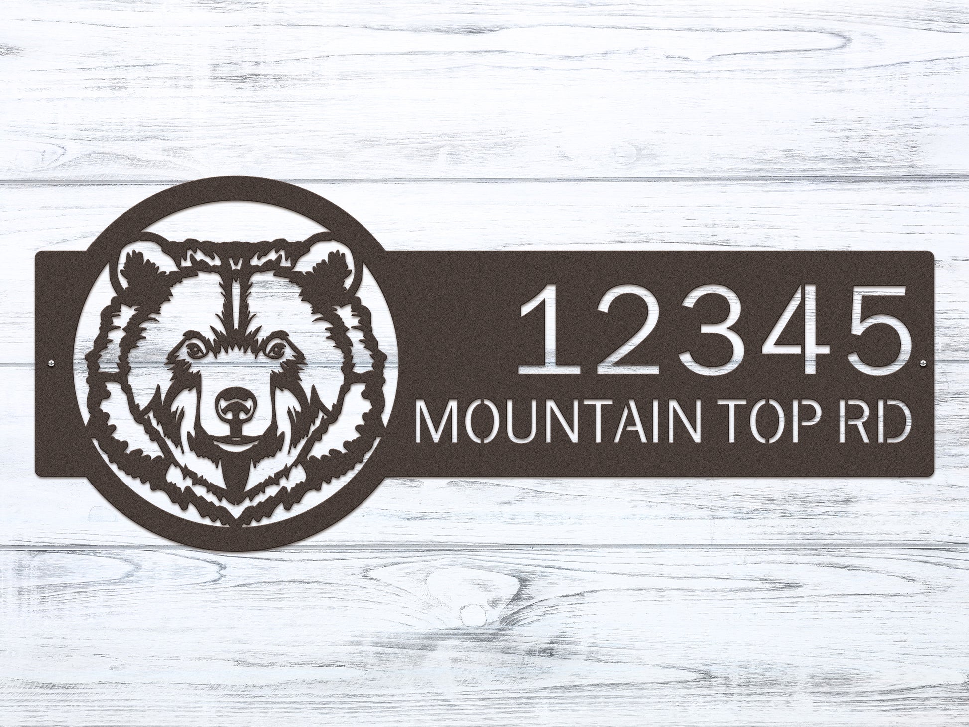 Bear Mountain Cabin Custom Address Sign featuring a bear face with customizable metal house numbers, ideal for outdoor decor and housewarming gifts, crafted by HouseSensationsArt for durability and style.