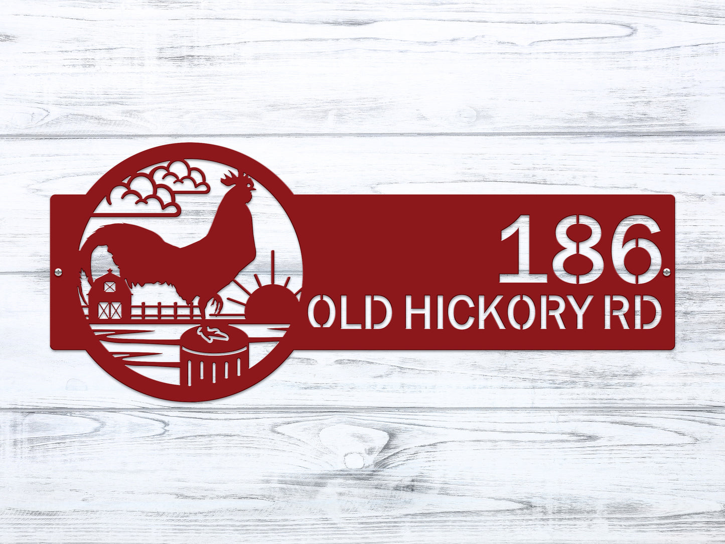 Rooster Farm Address Sign Plaque featuring a red rooster and barn design, customizable with house numbers and street name, showcasing rustic charm ideal for farmhouse décor and outdoor use.