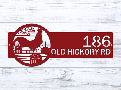 Rooster Farm Address Sign Plaque featuring a red rooster and barn design, customizable with house numbers and street name, showcasing rustic charm ideal for farmhouse décor and outdoor use.