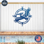 Blue Heron Compass Metal Wall Art Coastal Beach House Outdoor Decor