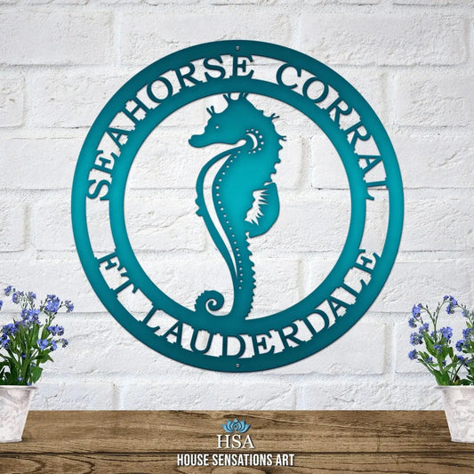 Personalized Seahorse Address Sign - Custom Metal House Number Plaque featuring a seahorse design on durable aluminum, ideal for outdoor decor in gardens or farms, expertly laser-cut with customizable text options.