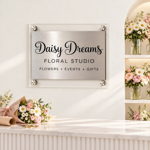 a sign for a floral studio named "Daisy Dreams" with a counter displaying a bouquet of flowers and a shelf with more flowers.