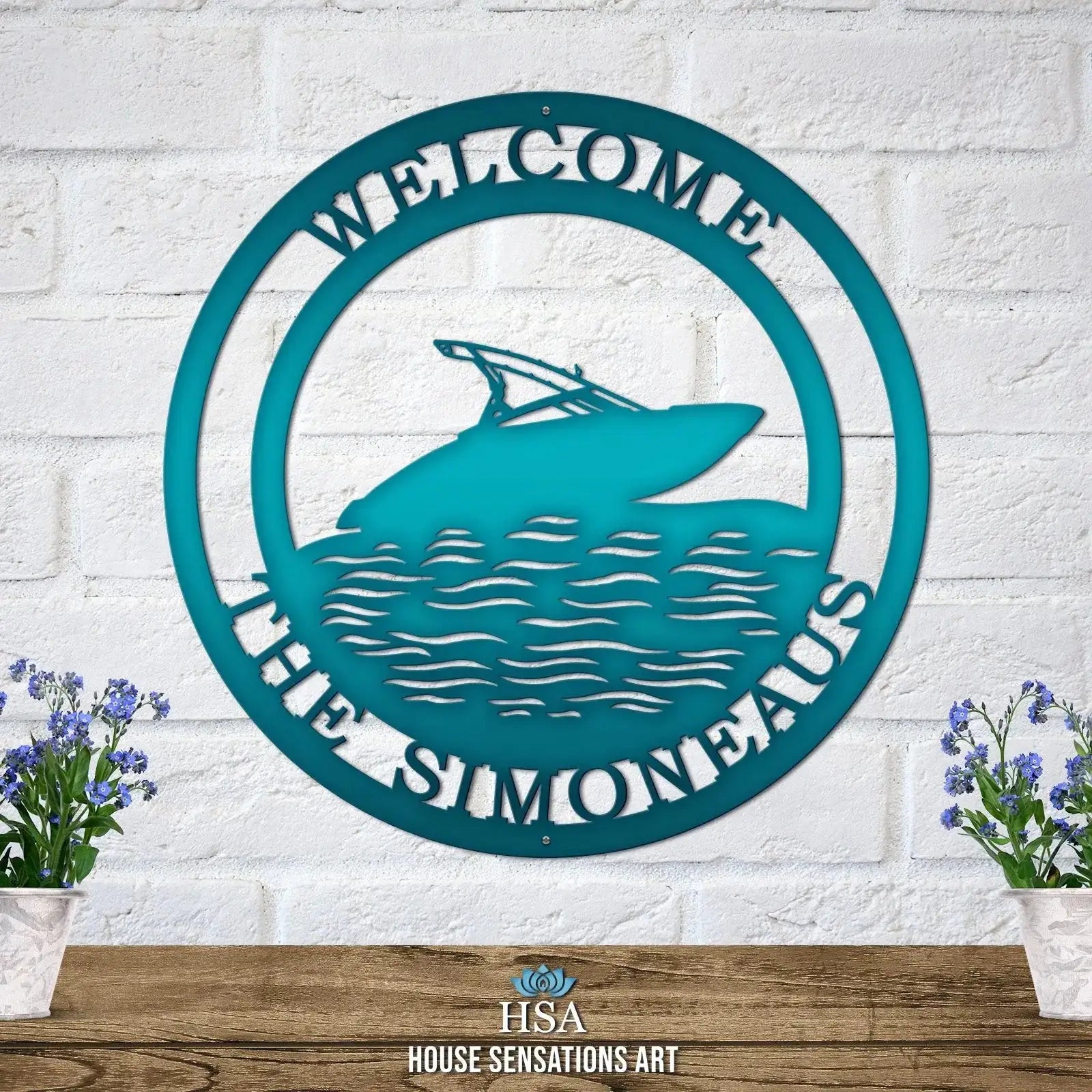 Personalized Speedboat Sign showcasing custom street numbers, crafted from durable, weather-resistant metal. Ideal for home décor or as a housewarming gift, reflecting boating enthusiasm with precision detailing.