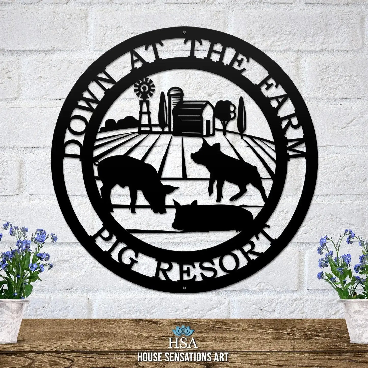 Three Little Pigs Farm Sign with silhouettes of a pig, donkey, and cat, displayed on a brick wall, showcasing custom metal house numbers and animal names for outdoor use.