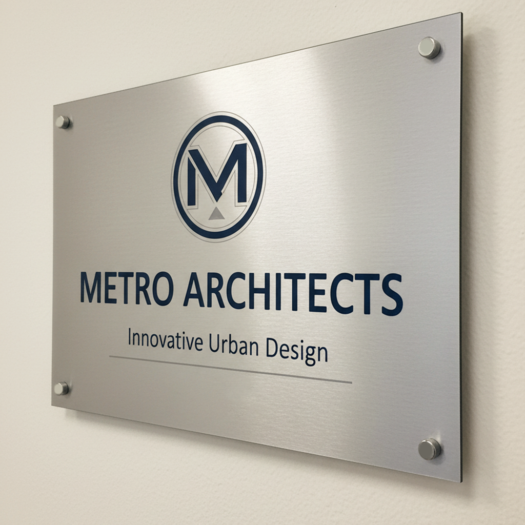 a sign for "Metro Architects" that displays their name and the phrase "Innovative Urban Design" in a professional and straightforward manner.