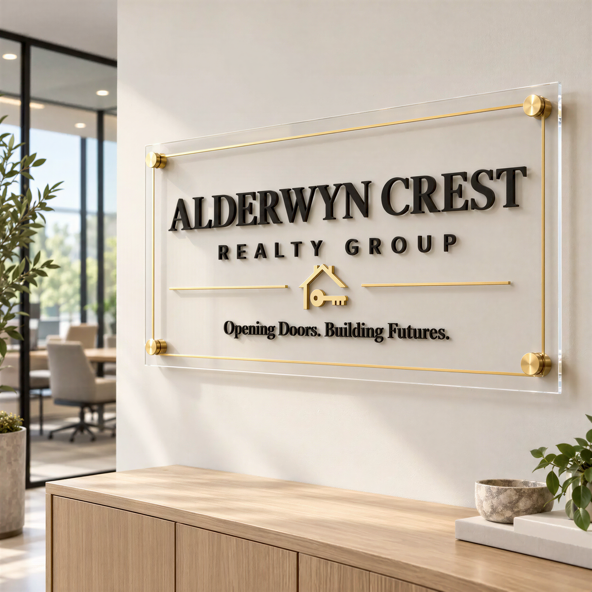 a sign for the Alderwyn Crest Real Estate Group, which is displayed on a wall in a modern office setting.