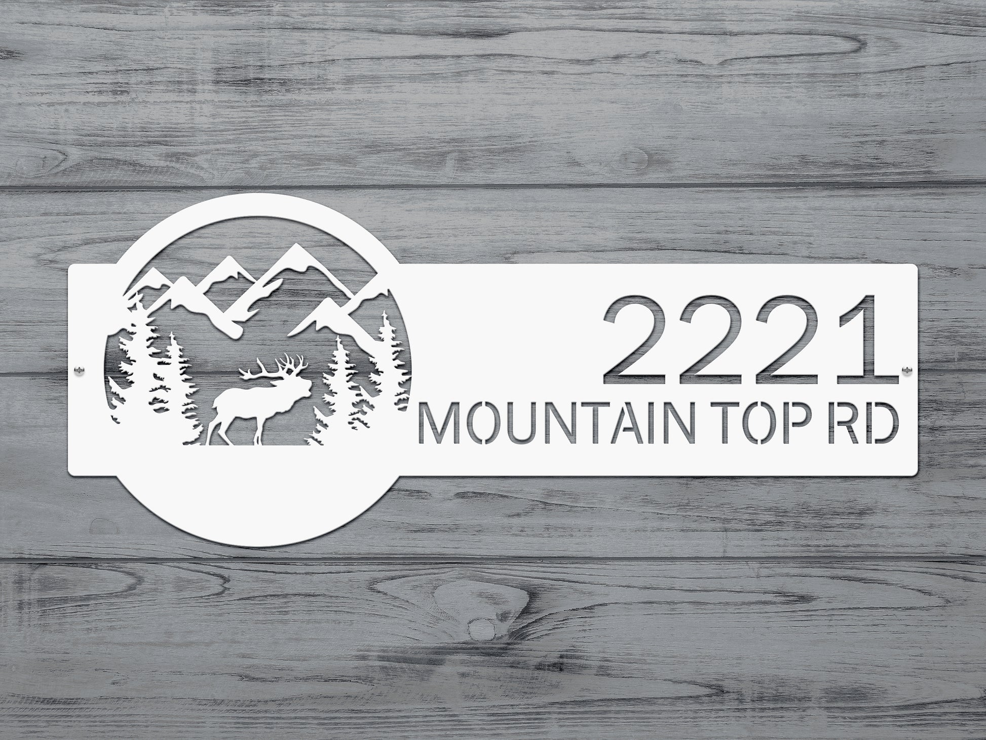 Mountain Elk Address Sign Plaque showcasing a detailed elk and mountain scene with customizable house numbers, crafted from durable steel, ideal for enhancing outdoor decor and gifting.