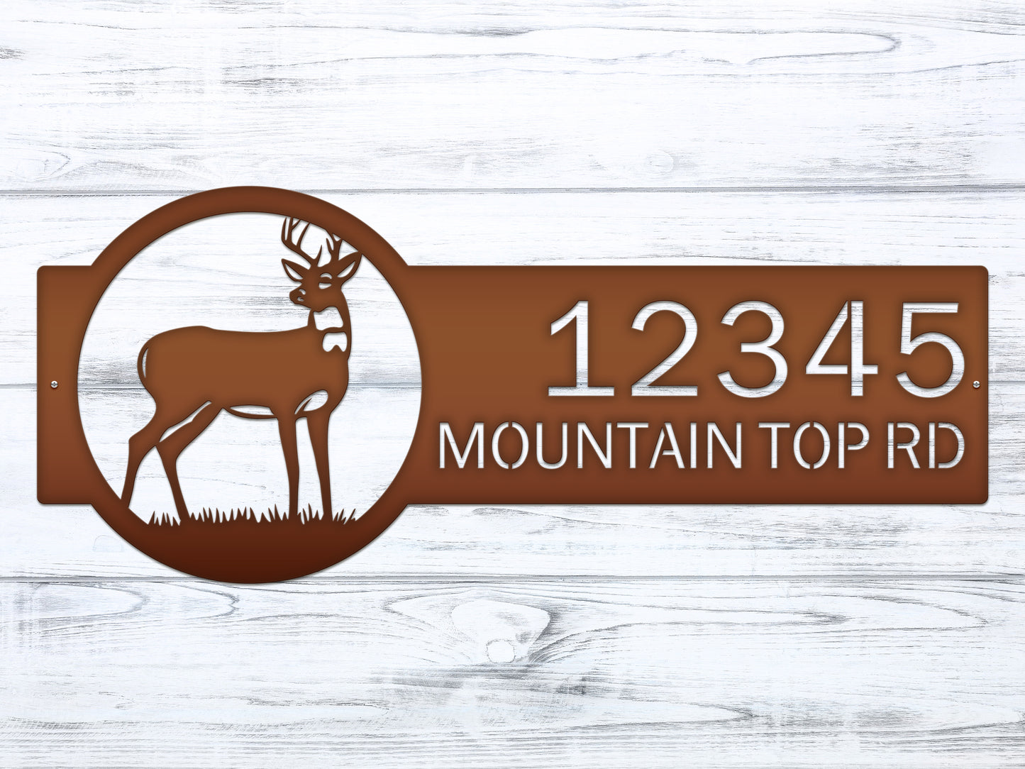 Customizable Deer Home Address Sign featuring a metal deer silhouette with integrated house numbers, crafted from durable, weather-resistant steel, ideal for outdoor home décor and personalizing property addresses.