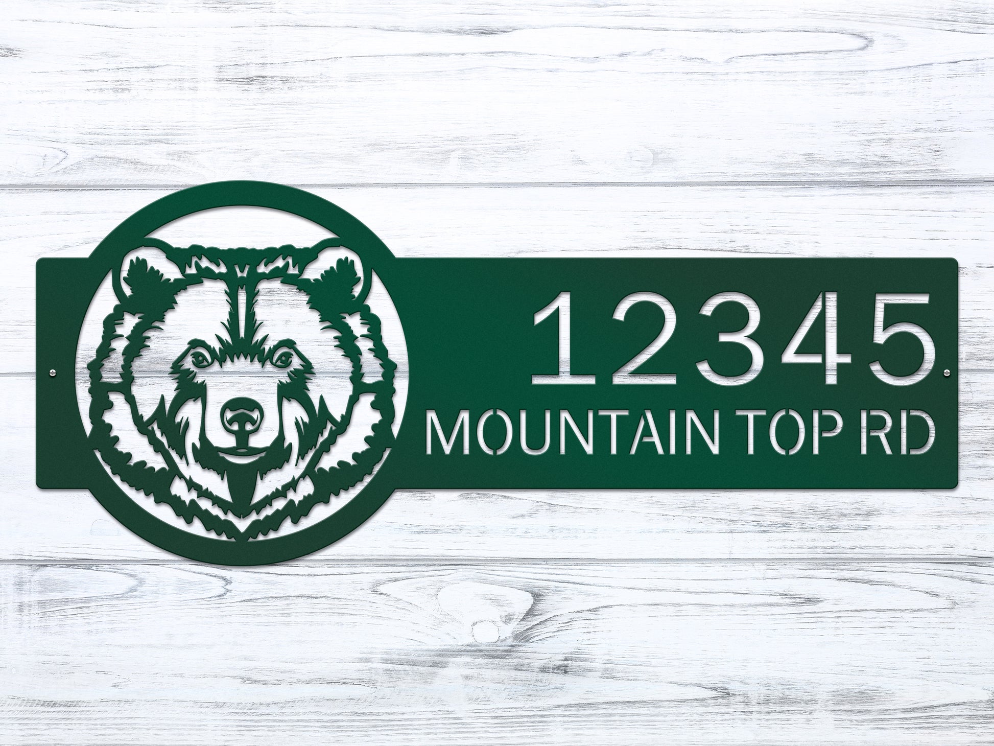 Bear Mountain Cabin Custom Address Sign featuring a laser-cut bear face and numbers, crafted from durable steel, ideal for outdoor use and personalization, enhancing home décor with a rustic, weather-resistant design.