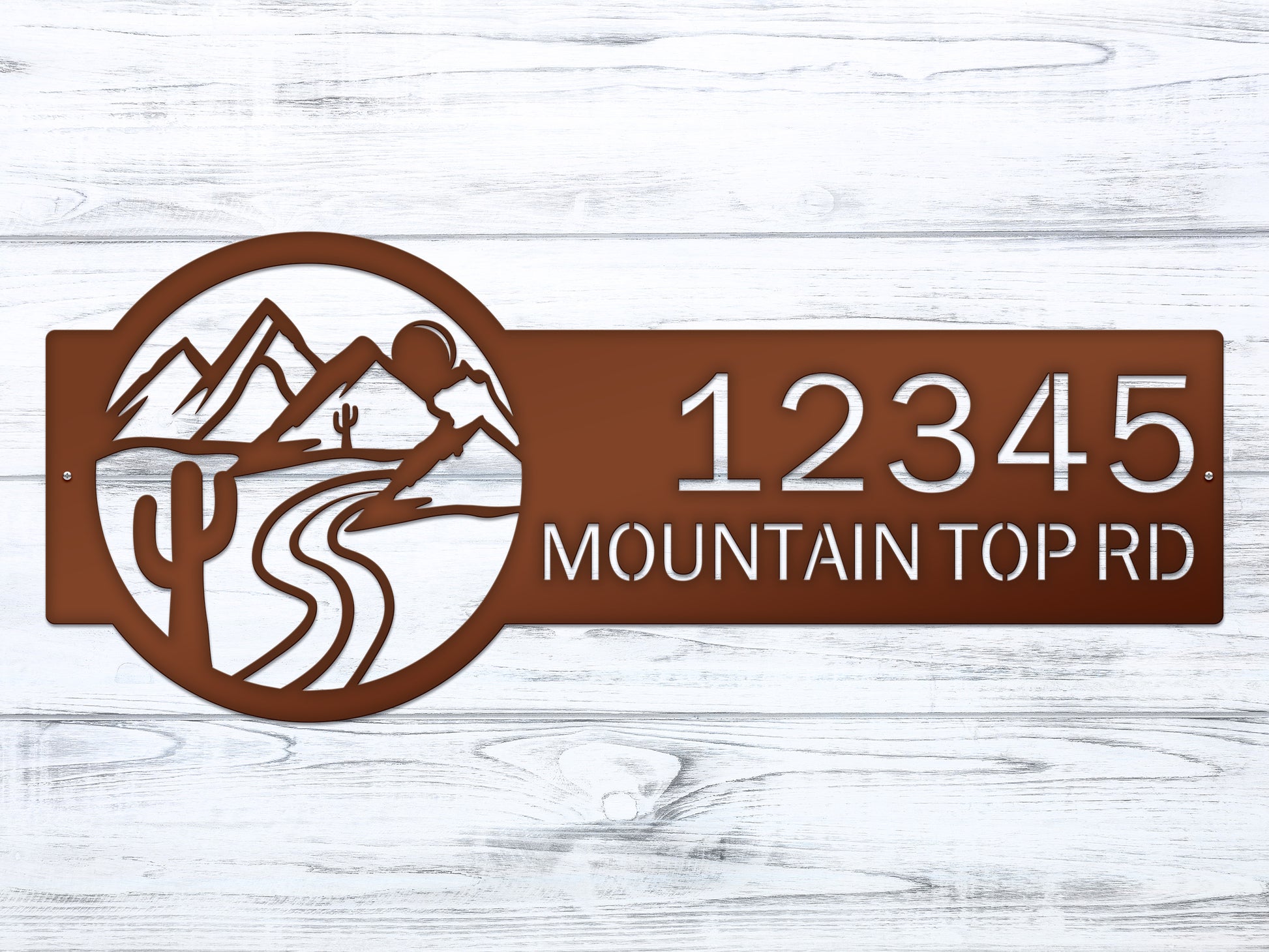 Desert Mountain Monogram Address Plaque featuring a mountain and river design, personalized with house numbers and family name, crafted from metal, highlighting elegance and durability for outdoor home décor.