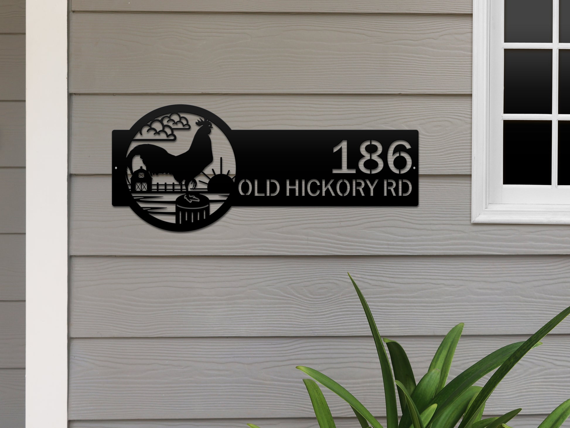 Rooster Farm Address Sign Plaque featuring a black rooster silhouette within a circular frame, customizable with house numbers and street name, ideal for rustic home décor and outdoor use.