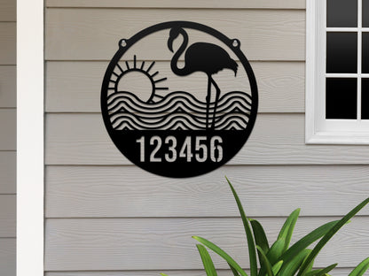 Flamingo Address Sign – Custom House Numbers Sign – Weather-Resistant Outdoor Address Signs for Home Décor & Housewarming Gift, featuring a flamingo design and customizable house numbers, displayed on a wall.