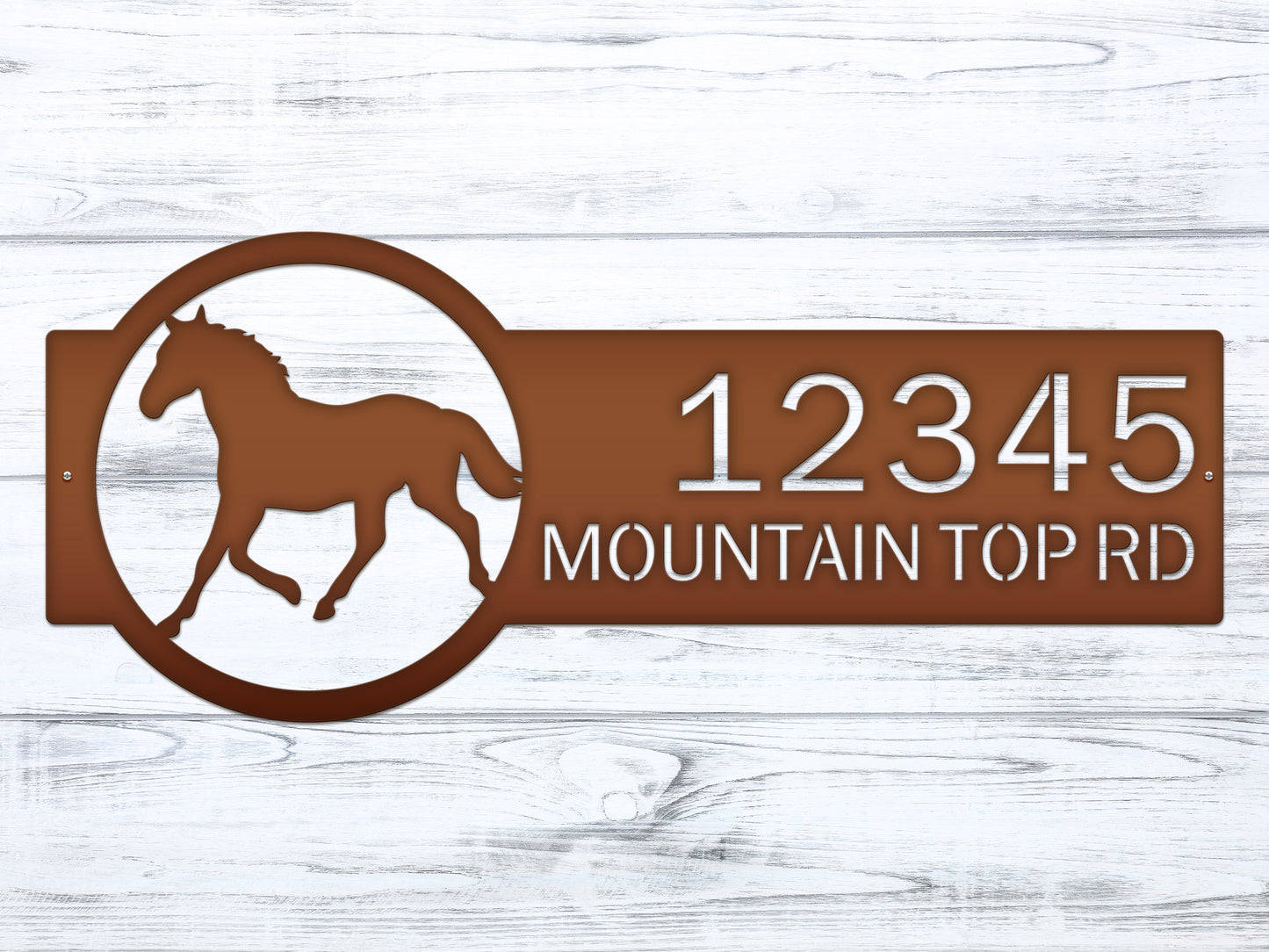 Horse Ranch Address Sign featuring laser-cut horse design and customizable house numbers on a durable steel plaque, ideal for ranch décor and housewarming gifts, enhancing home visibility and elegance.