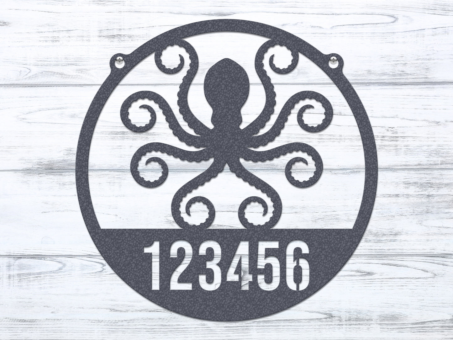 Metal Octopus House Numbers Address Sign featuring a detailed octopus design, ideal for outdoor home décor. Customizable street numbers; crafted from weather-resistant steel, perfect for beach-themed settings.