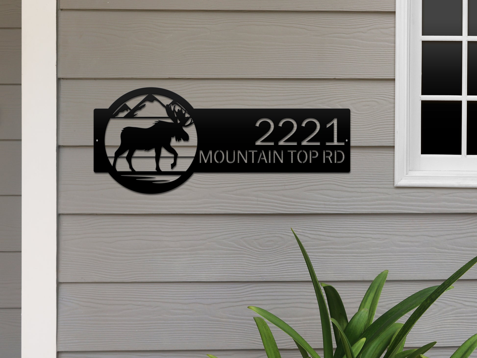 Mountain Moose Address Sign Plaque featuring custom house numbers and street name, showcasing a silhouetted moose with mountain backdrop, crafted from durable steel for weather-resistant outdoor home décor.