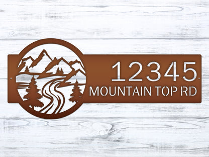 Desert Mountain Monogram Address Plaque featuring laser-cut mountains and trees, personalized with custom metal house numbers, highlighting its weather-resistant design ideal for enhancing home curb appeal.