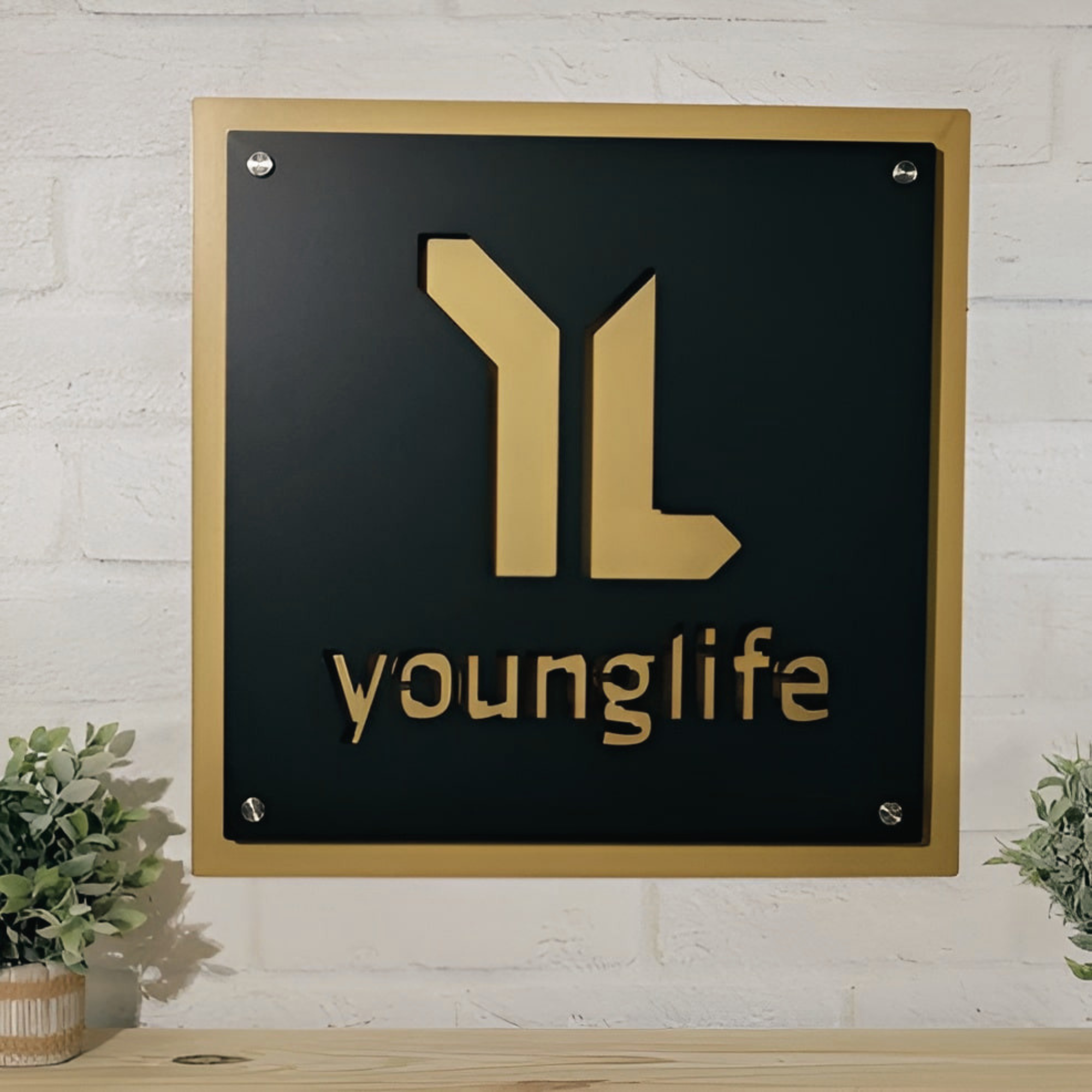 a black sign with a gold border and the text "younglife" on it, hanging on a white brick wall.