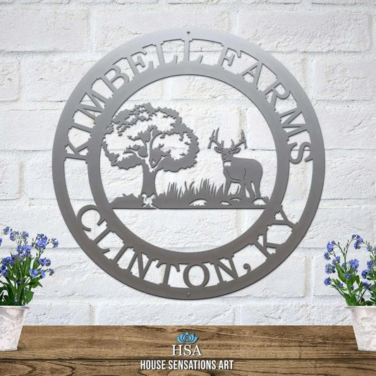 Custom Deer Hunting Sign - Custom Metal House Number Plaque features a laser-cut deer silhouette on a metal background, perfect for outdoor decor in gardens, yards, or farms. Ideal housewarming gift for animal lovers.