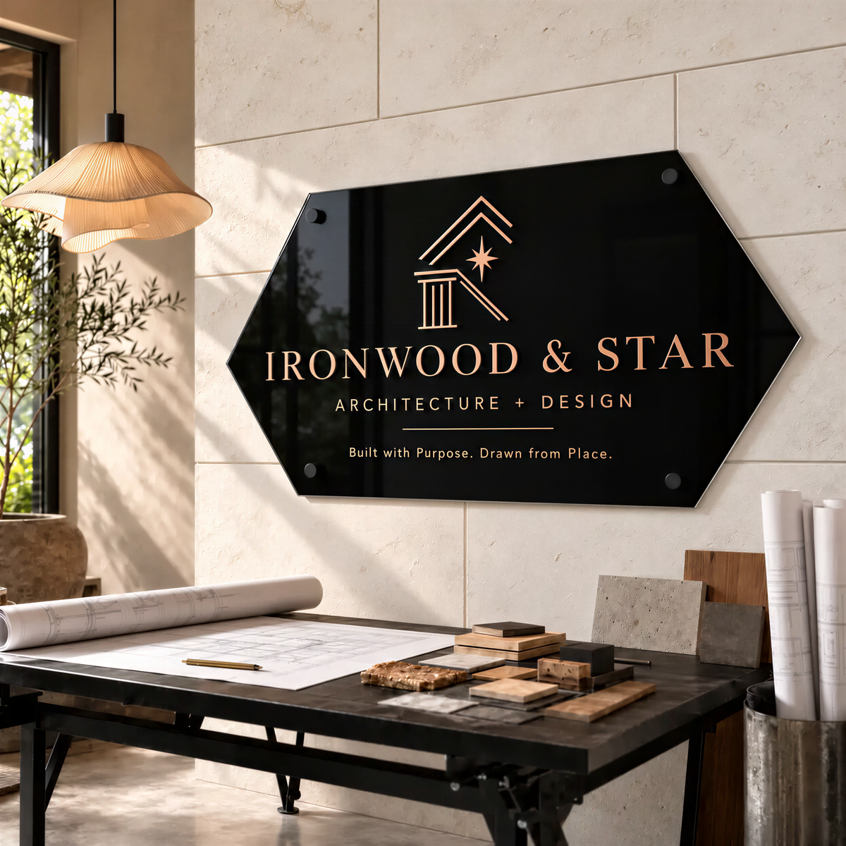 a sign for "Ironwood & Star Architecture & Design", with a black signboard displaying the company's name and logo. The signboard is mounted on a wall, and there is a table with architectural drawings and materials on it.