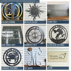 The custom metal sign has these available color options: Polished Chrome, Metallic Silver, Cosmic Grey, Dark Smoke Grey, Hammered Grey, Silver Vein Textured, Charcoal Textured, Sky White, and Cream.