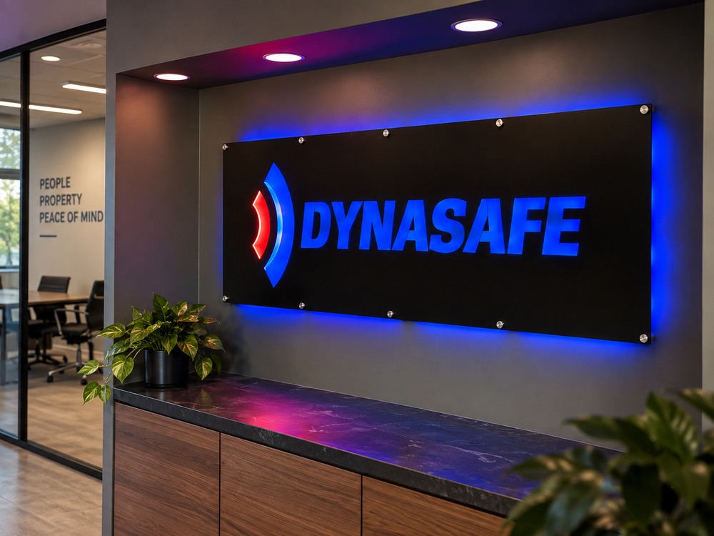 a modern office space with a large illuminated sign for the company "DYNASafe" on the wall. The sign is surrounded by a wooden desk and a potted plant, creating a professional and welcoming atmosphere.