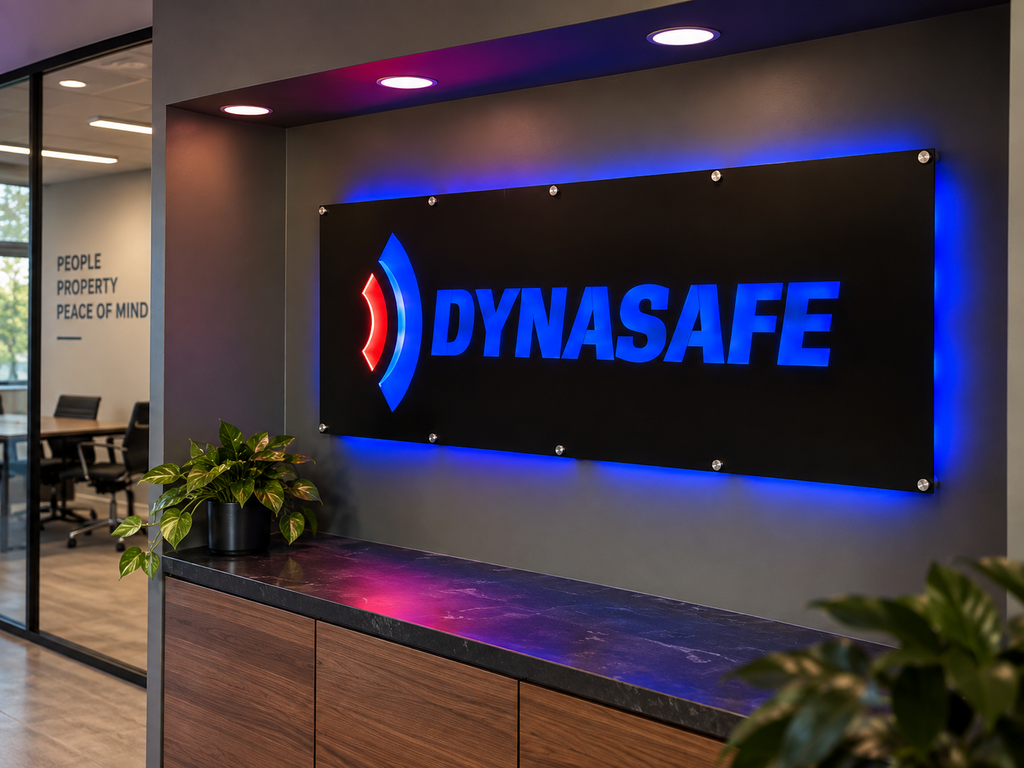 a modern office space with a large illuminated sign for the company "DYNASafe" on the wall. The sign is surrounded by a wooden desk and a potted plant, creating a professional and welcoming atmosphere.