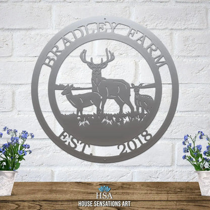 Personalized Three Deer Hunter Sign featuring intricate metal artwork of deer and lambs on a brick wall; ideal for outdoor decor, custom house numbers, or unique housewarming gifts.