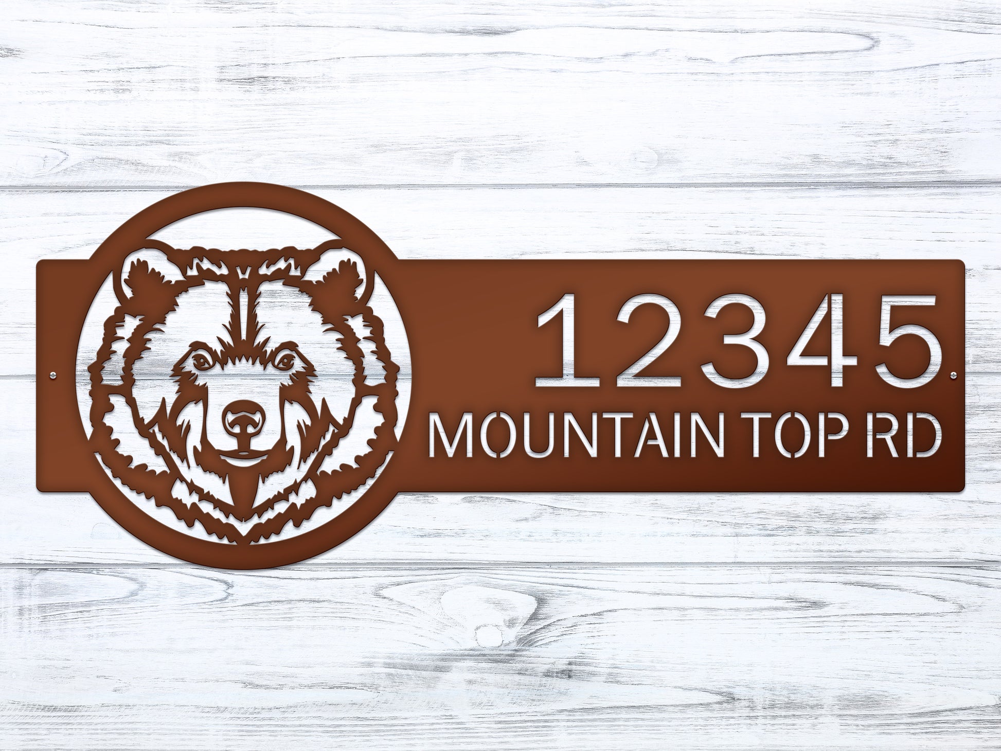 Bear Mountain Cabin Custom Address Sign featuring a bear head design and laser-cut metal house numbers, showcasing durable, weather-resistant craftsmanship ideal for personalized outdoor home décor.