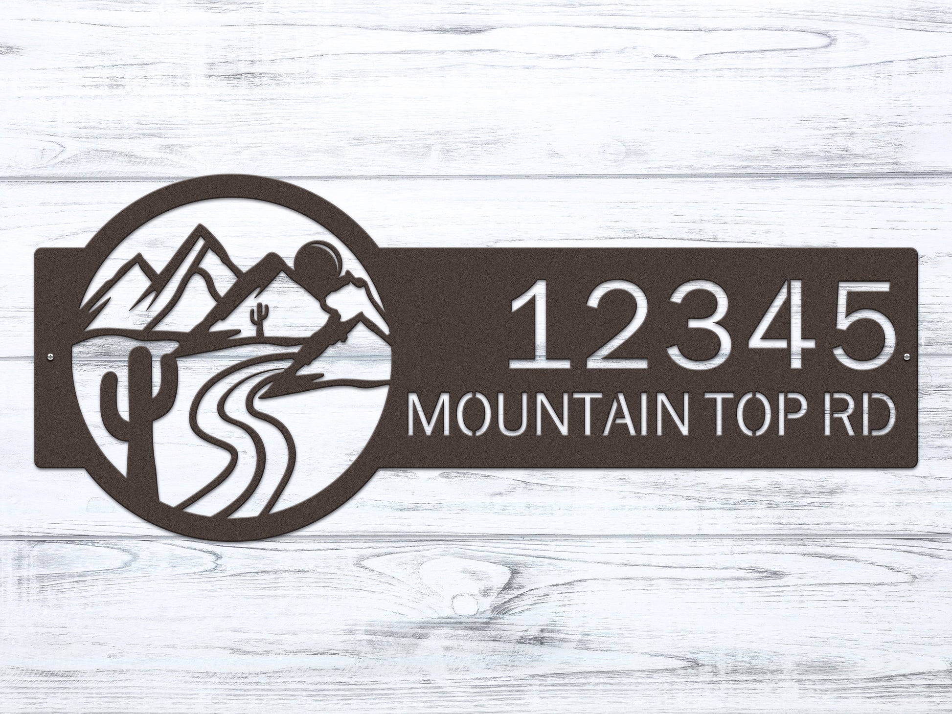 Desert Mountain Monogram Address Plaque featuring a mountain and river design, laser-cut from metal, with customizable house numbers, showcasing elegance and durability for outdoor home décor.